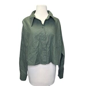 Wildfang Essential Long Sleeve Cropped Button‎ Up Shirt 1X Green Floral Womens